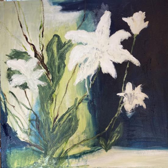 Maleriudstilling af kunstner Solvejg Kristensen, Sdr. Omme. Kan ses på Skjern Bibliotek