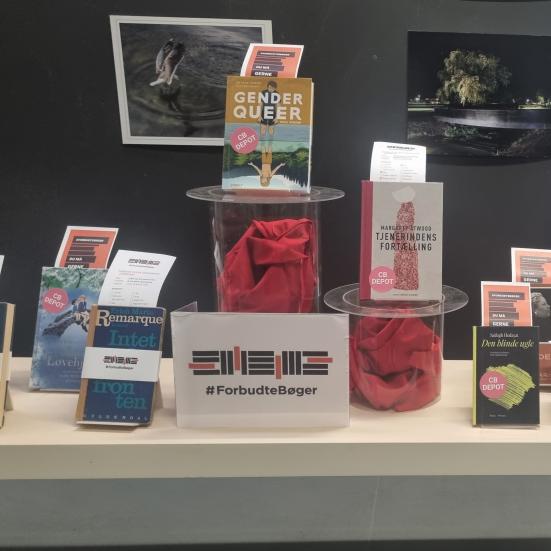 På alle fem biblioteker har vi lige nu en udstilling med et udvalg af #ForbudteBøger, som du kan få lov at låne med hjem. Foto: Skjern Bibliotek