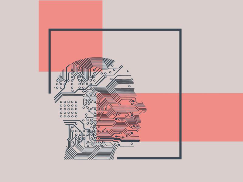 Grafisk illustration af en menneskeprofil med printplade-mønster på en baggrund af farvede felter.