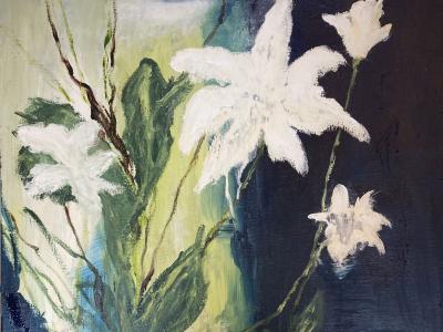 Maleriudstilling af kunstner Solvejg Kristensen, Sdr. Omme. Kan ses på Skjern Bibliotek